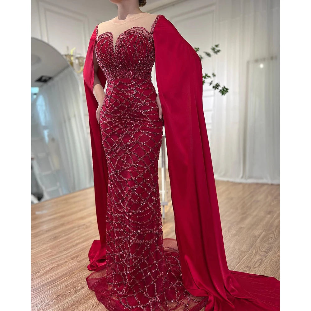 Cape Sleeves Luxury Evening Dresses Gowns Mermaid Beaded Elegant