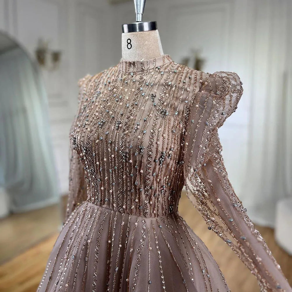 Modest A-Line Nude Pearls Evening Dress