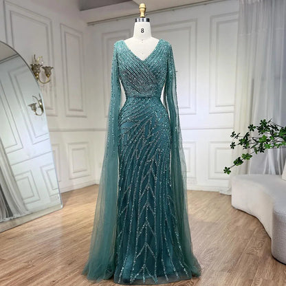 Vestido de noche de lujo con mangas de capa elegante con cuentas azules de sirena árabe para mujer fiesta de boda