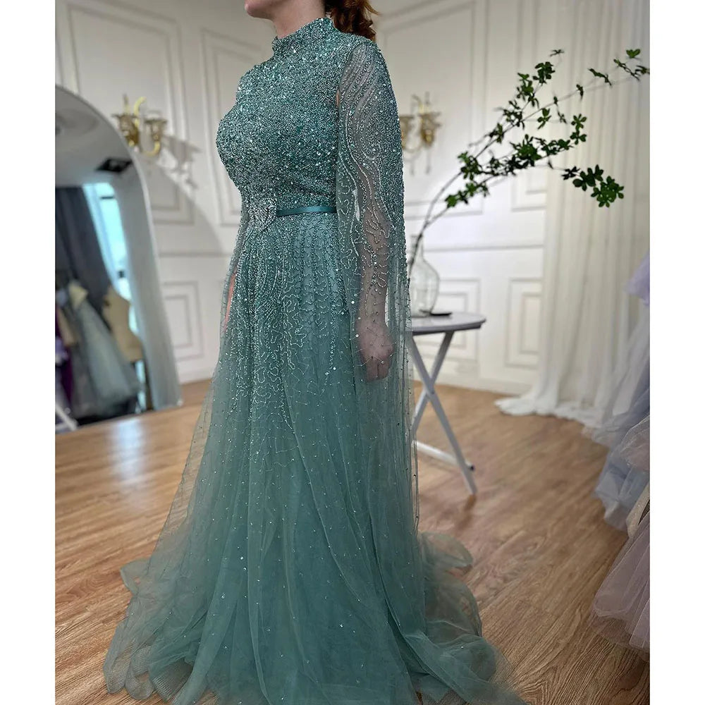 Blue A-Line Evening Dress with High-End Beaded Cape Sleeves