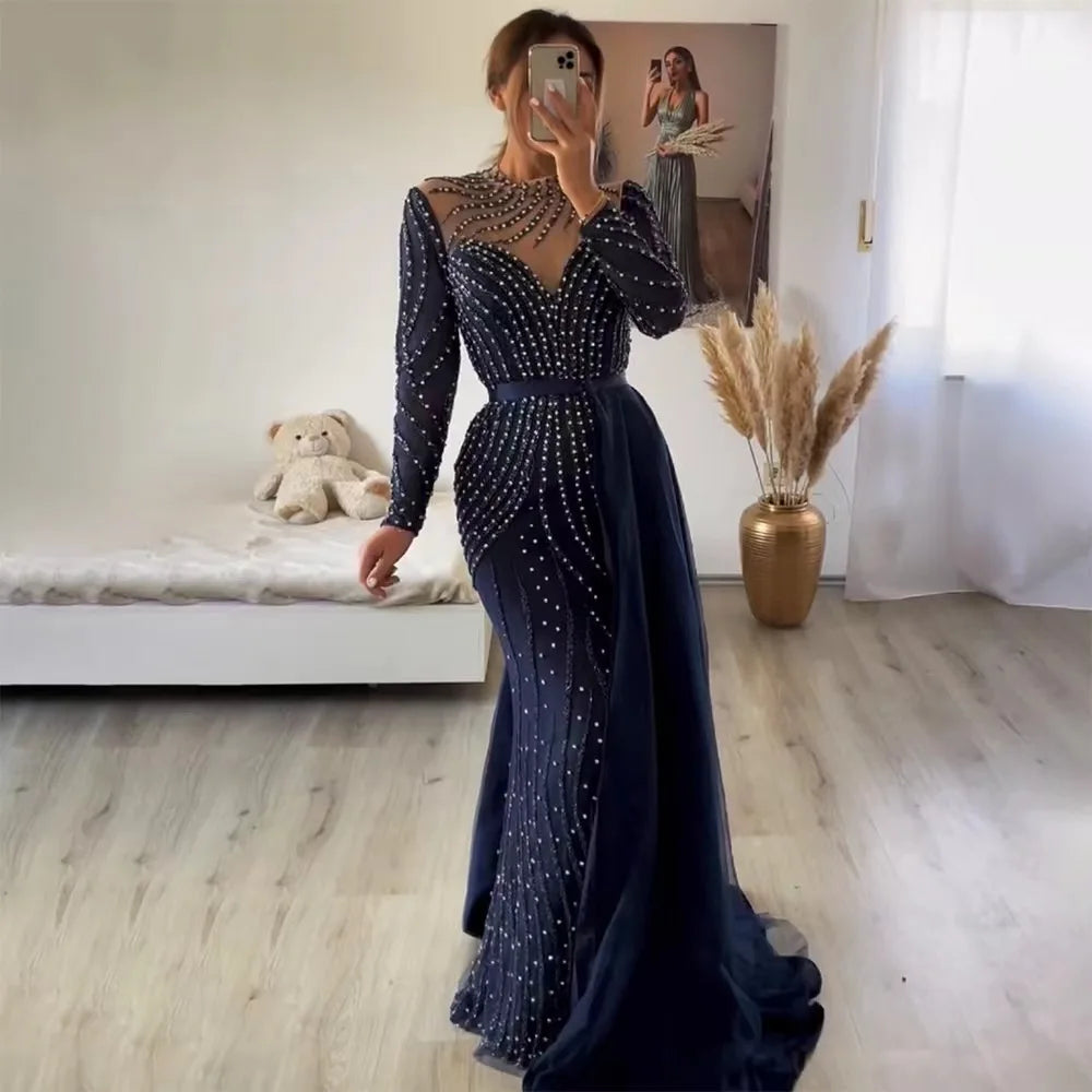 Modest Navy Blue Luxury Evening Dresses Gowns Beaded Mermaid Elegant