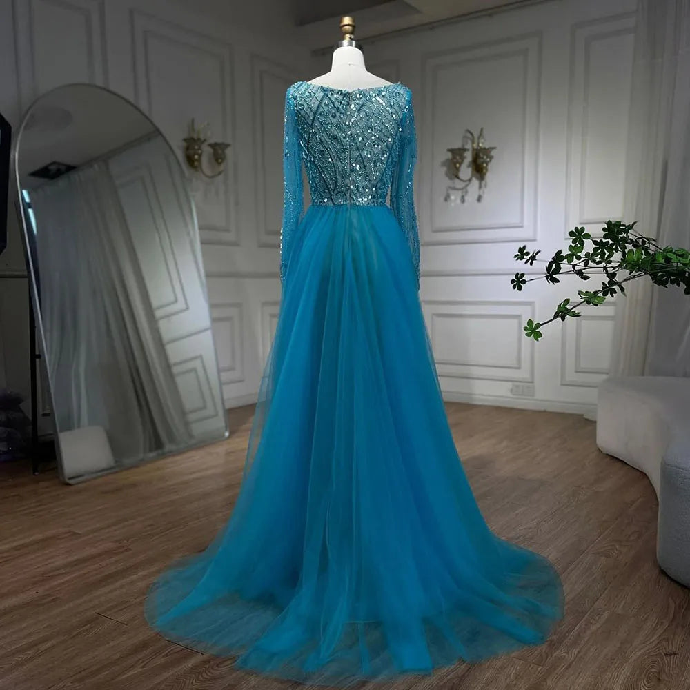 Blue Modest Elegant Mermaid Evening Dress with Overskirt