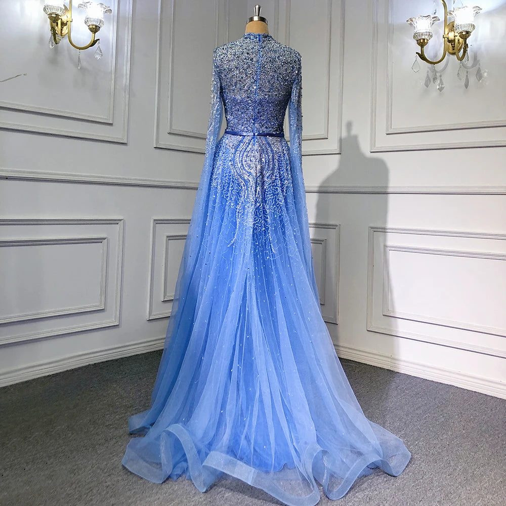 Blue A-Line Evening Dress with High-End Beaded Cape Sleeves