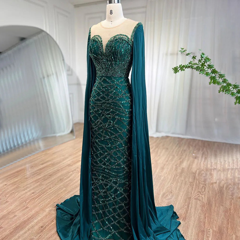 Cape Sleeves Luxury Evening Dresses Gowns Mermaid Beaded Elegant