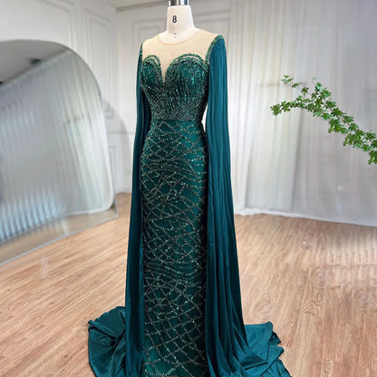 Cape Sleeves Luxury Evening Dresses Gowns Mermaid Beaded Elegant