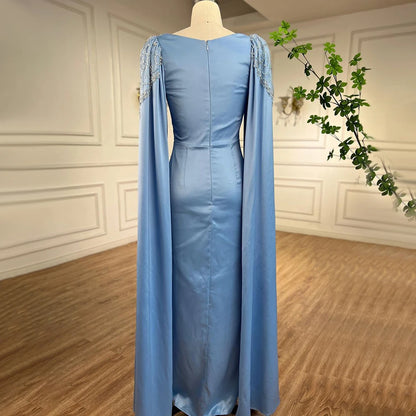 Blue Modest Elegant Mermaid Cape Sleeves Evening Dresses Arabic Beaded Gowns