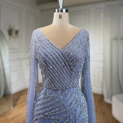 Vestido de noche de lujo con mangas de capa elegante con cuentas azules de sirena árabe para mujer fiesta de boda