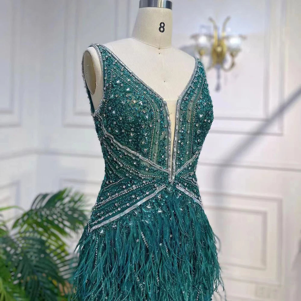 Arabic Blue Mermaid Evening Gown with Cape and Feather Beading