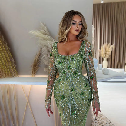 Luxury Dubai-Style Green Mermaid Evening Dress with Crystal Beading