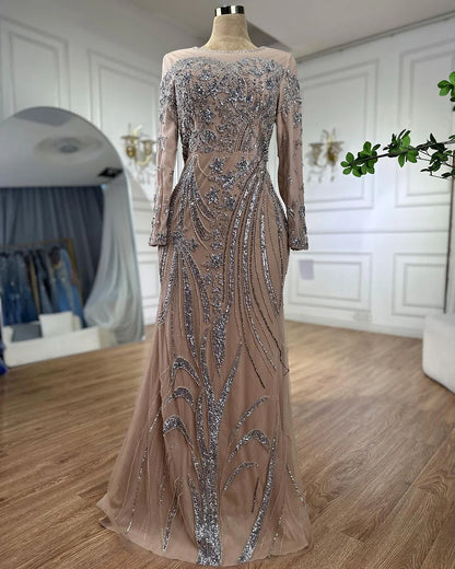 Modest Nude Mermaid Evening Gown with Overskirt and Dubai-Style Beading