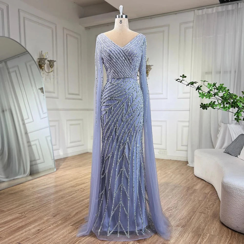 Modest Blue Mermaid Evening Gown with Luxury Beading