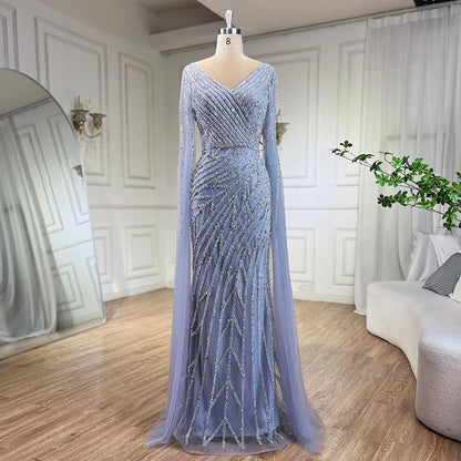 Vestido de noche de lujo con mangas de capa elegante con cuentas azules de sirena árabe para mujer fiesta de boda