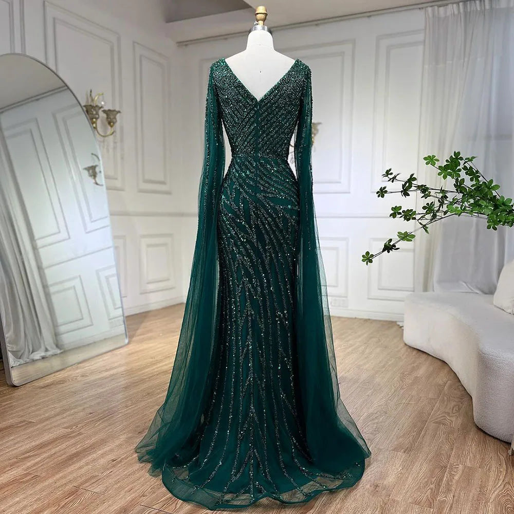 Vestido de noche de lujo con mangas de capa elegante con cuentas azules de sirena árabe para mujer fiesta de boda