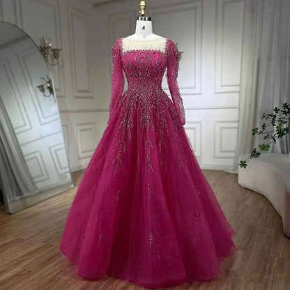 Modest Pink A-Line Beaded Luxury Evening Dress