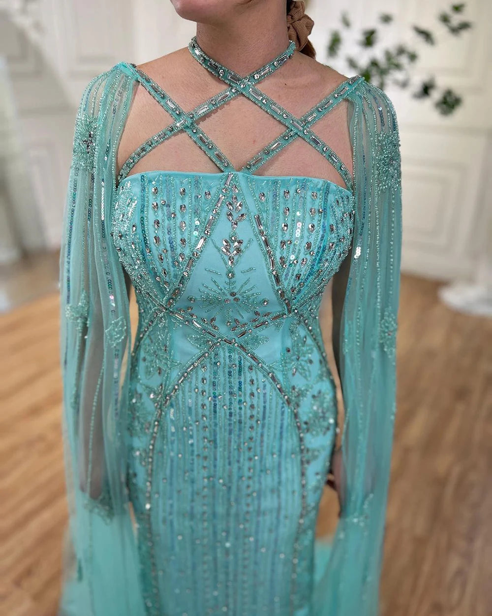 Arabic Luxury Dubai Blue Mermaid Evening Gown with Cape Sleeves