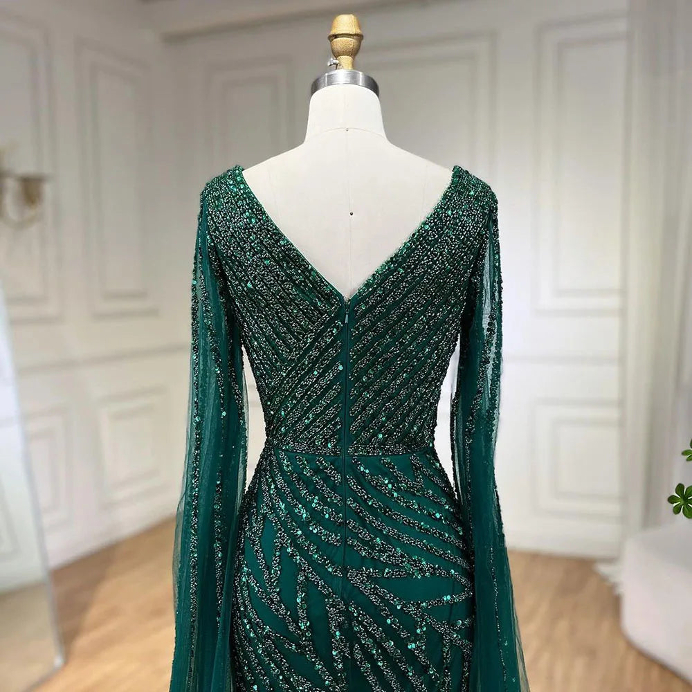 Vestido de noche de lujo con mangas de capa elegante con cuentas azules de sirena árabe para mujer fiesta de boda