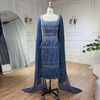 Blue Lace Midi Evening Dress with Luxury Crystal Feathers