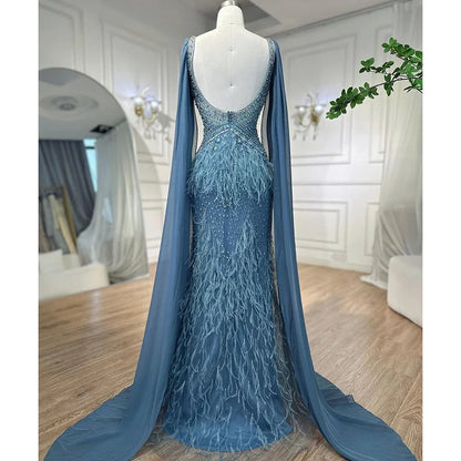 Arabic Blue Mermaid Evening Gown with Cape and Feather Beading