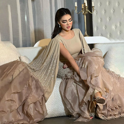 Arabic Nude Mermaid: Exquisite Cape Sleeves Luxury Evening Gown