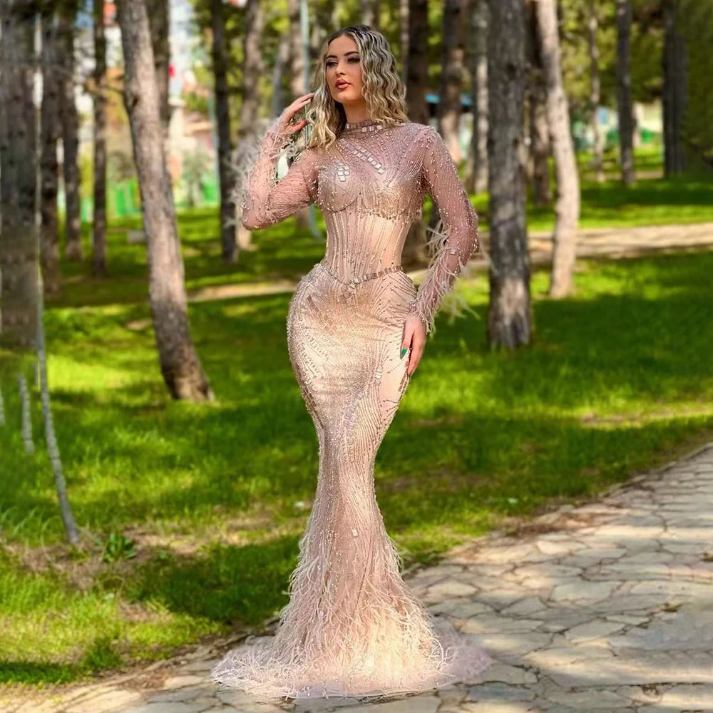 Gowns Nude Illusion Pearls Beaded Feathers Mermaid Long Evening Dress