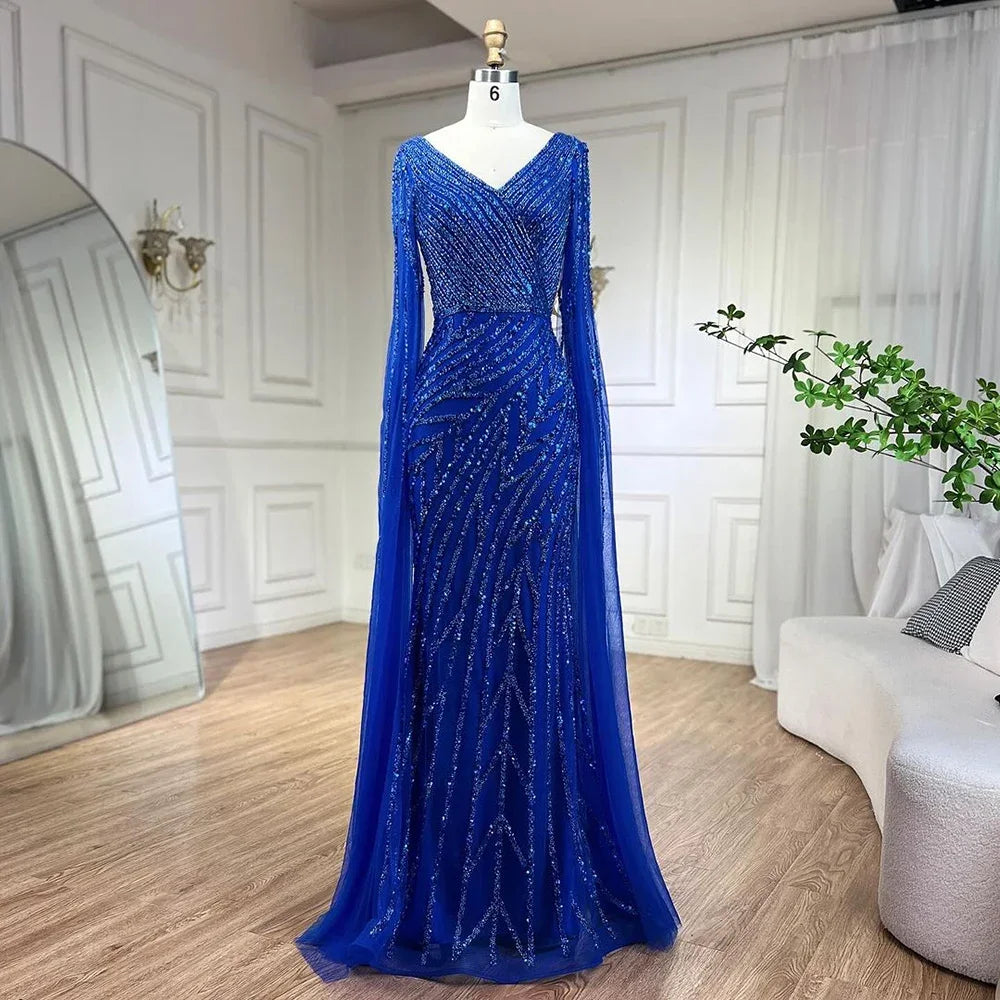 Vestido de noche de lujo con mangas de capa elegante con cuentas azules de sirena árabe para mujer fiesta de boda