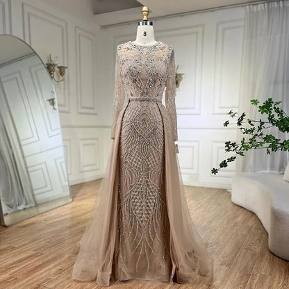 Silver Nude Mermaid Over Skirt Beaded Luxury Evening Dress