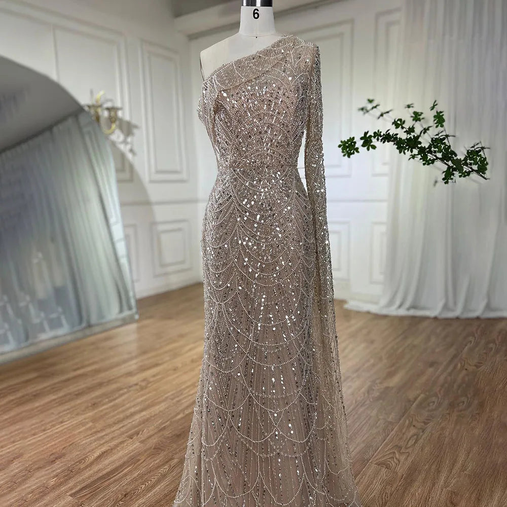 Elegant Nude Mermaid Evening Gown with One Shoulder Pearls