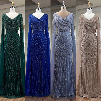 Vestido de noche de lujo con mangas de capa elegante con cuentas azules de sirena árabe para mujer fiesta de boda