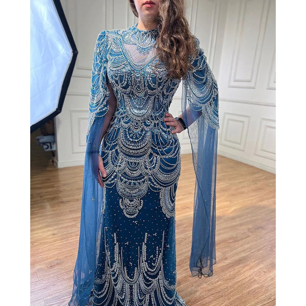 Vestidos de noche formales con cuentas de encaje de sirena azul árabe con capa para mujer vestidos de fiesta de graduación de boda