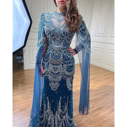 Blue Mermaid Lace Beaded Evening Gown with Cap Sleeves