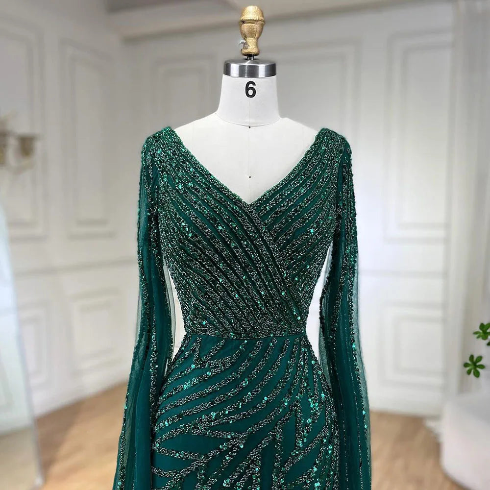 Vestido de noche de lujo con mangas de capa elegante con cuentas azules de sirena árabe para mujer fiesta de boda