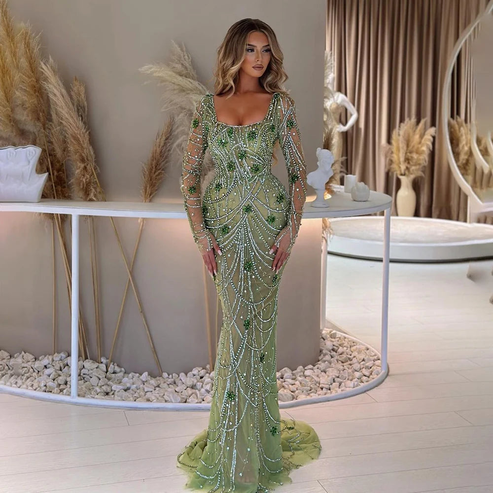 Luxury Dubai-Style Green Mermaid Evening Dress with Crystal Beading