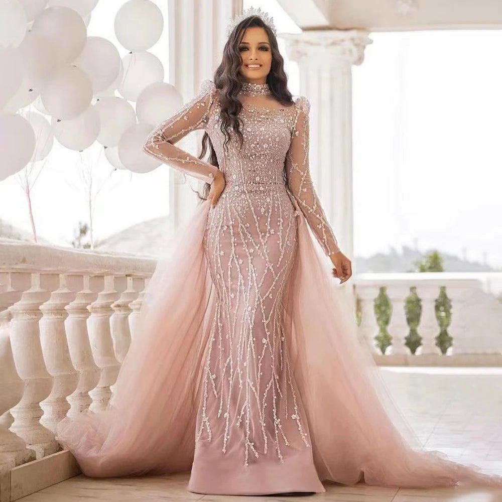 Modest Pink Long Sleeve High Neck Luxury Sequined Mermaid Evening Dresses Gowns Elegant