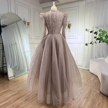 Modest A-Line Nude Pearls Evening Dress