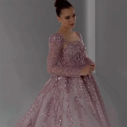 Modest Pink A-Line Beaded Luxury Evening Dress