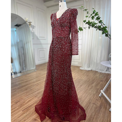 Elegant Modest Wine Red Mermaid Evening Gown with Designer Beading