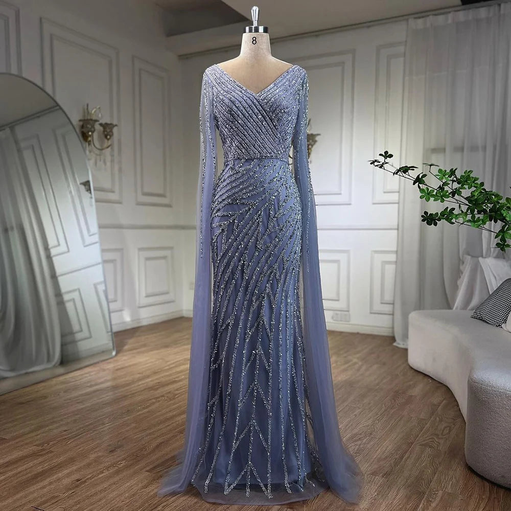 Vestido de noche de lujo con mangas de capa elegante con cuentas azules de sirena árabe para mujer fiesta de boda