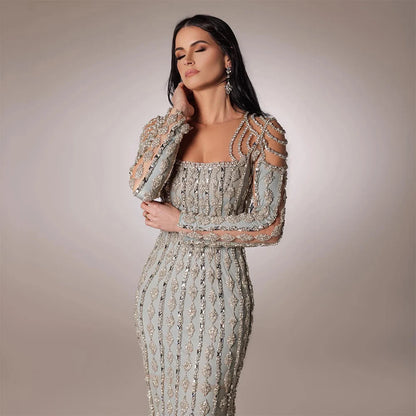 Arabic Gray Mermaid: Exquisite Beaded Luxury Evening Gown