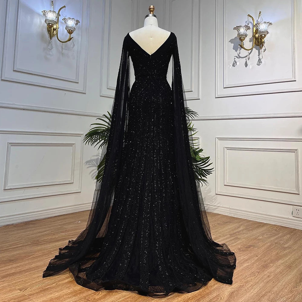 Luxury Black Arabic A-Line Evening Gown with Cape Sleeves