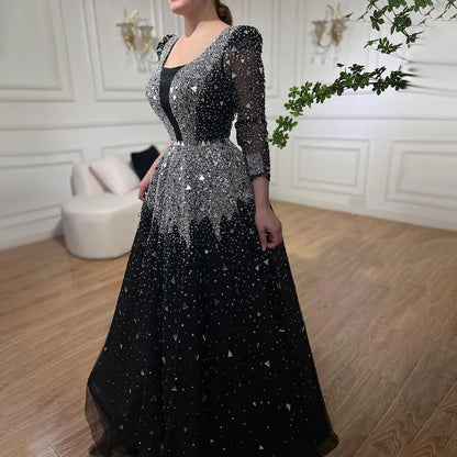 Luxury Modest Black A-Line Evening Gown with Sequined Beading