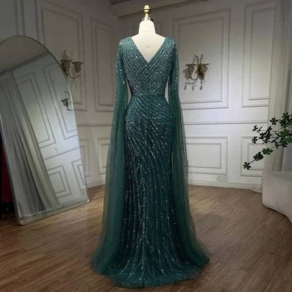 Vestido de noche de lujo con mangas de capa elegante con cuentas azules de sirena árabe para mujer fiesta de boda