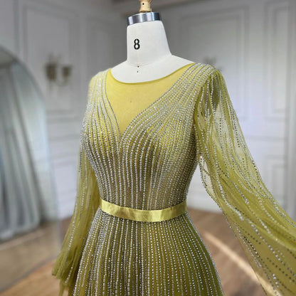 Golden Sands: Arabic Yellow A-Line Beaded Luxury Evening Dress