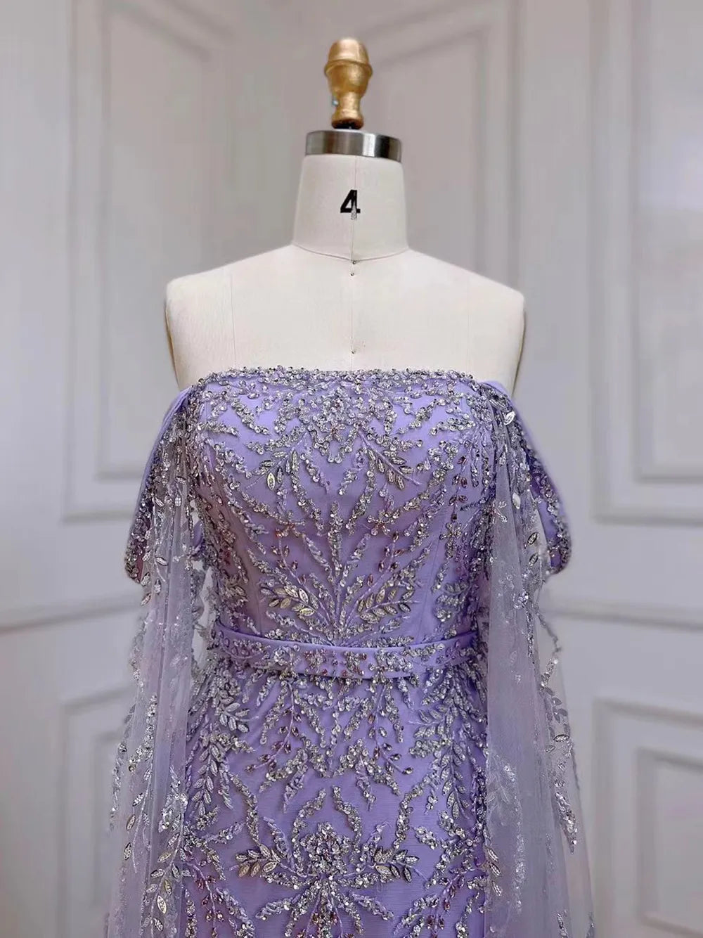 Elegant Lilac Mermaid Ankle-Length Midi Evening Dress with Feather Cape