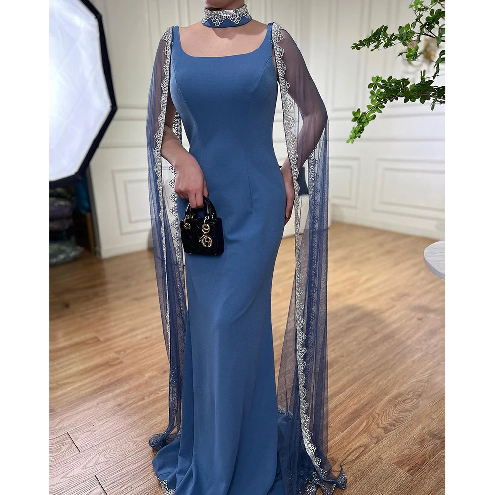 Blue Cape Sleeves Luxury Evening Dresses Gowns Mermaid Beaded Elegant