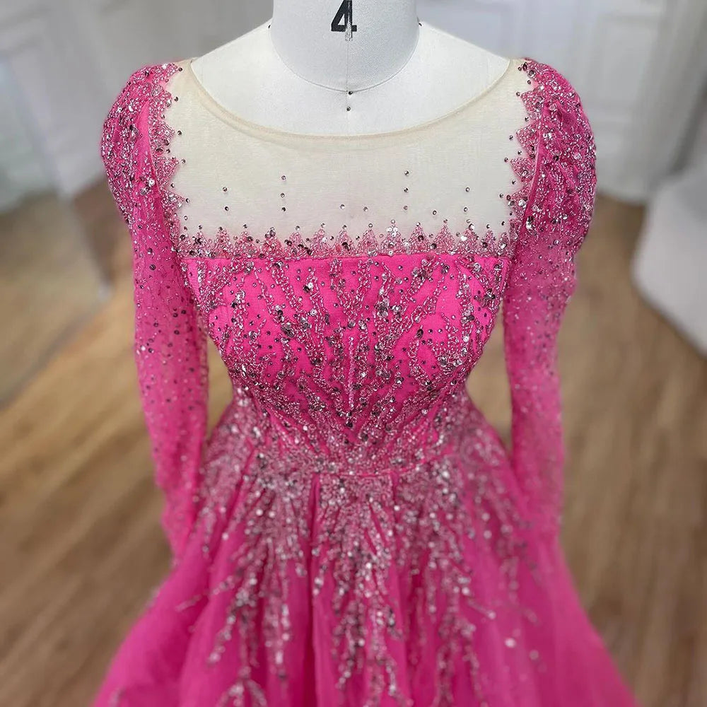 Modest Pink A-Line Beaded Luxury Evening Dress