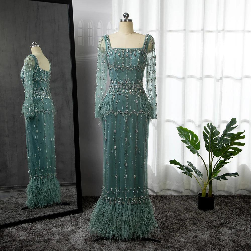 Modest Turquoise Mermaid Elegant Evening Dresses Gowns Luxury Beaded Feather