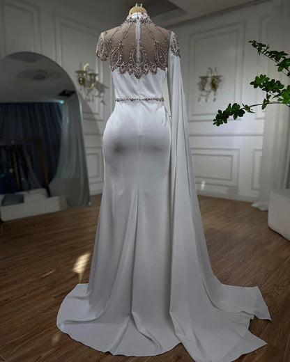 Ivory High Neck Cape Sleeve Mermaid Evening Dresses Beaded Elegant Gowns