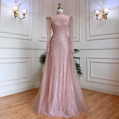 Modest Pink Long Sleeve High Neck Luxury Sequined Mermaid Evening Dresses Gowns Elegant