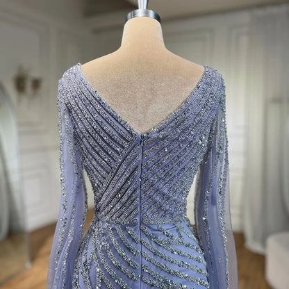 Vestido de noche de lujo con mangas de capa elegante con cuentas azules de sirena árabe para mujer fiesta de boda