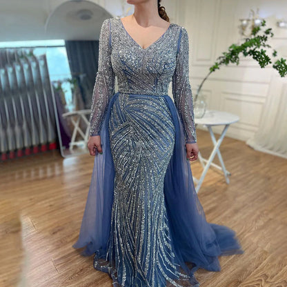 Luxury Blue Modest Mermaid Evening Dress with Detachable Skirt